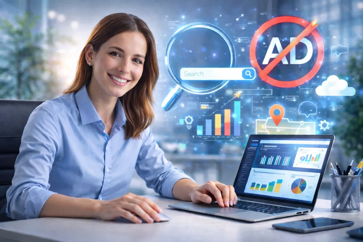 Emprendedora trabajando en posicionamiento orgánico en Google sin usar publicidad pagada